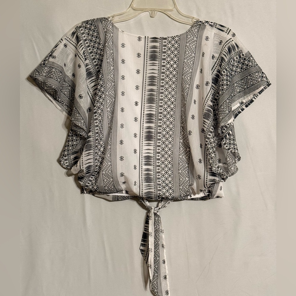 Express White Geometric Patterned Tie-Front Blous… - image 5